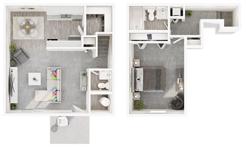 Floor plan for 1 bed, 1.5 baths, 747 sqft